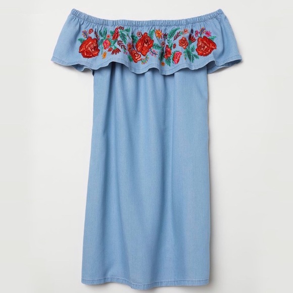 H&M Dresses & Skirts - H&M Chambray Floral Embroidered Off Shoulder Dress